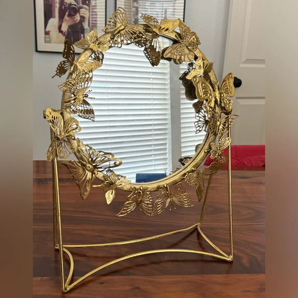 Vintage Gold Metal Round 3D Butterfly Standing Mirror